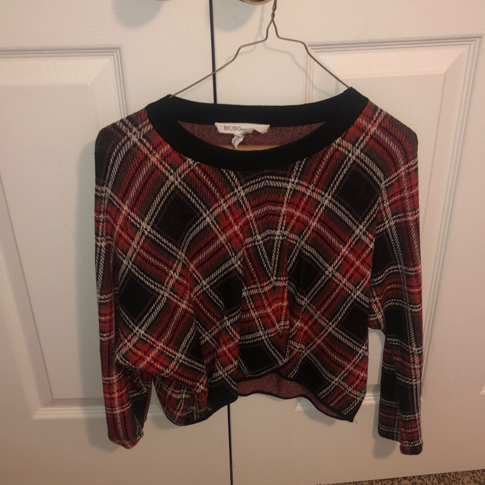 plaid sweater, cropped slightly in the front